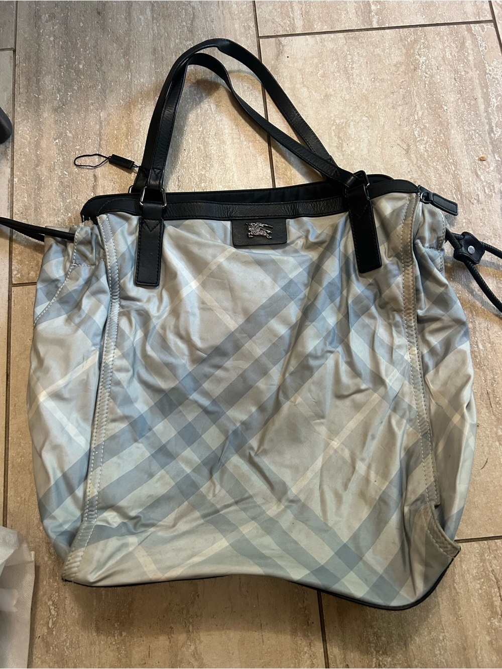 Burberry Plaid Shoulder Tote with Black Trim - Light Gray/Blue